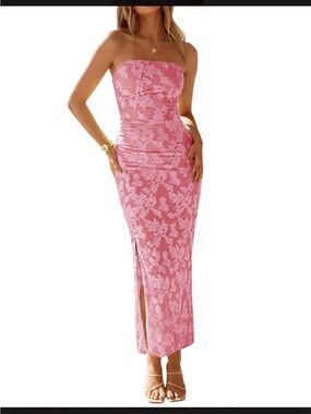 Strapless Pink Floral Lace Maxi Dress